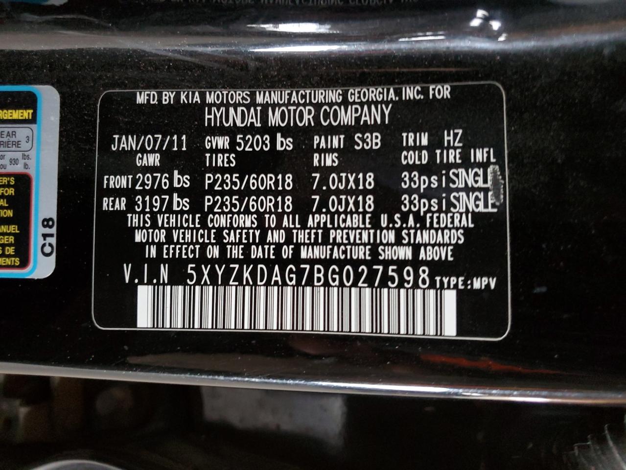 2011 Hyundai Santa Fe Limited VIN: 5XYZKDAG7BG027598 Lot: 57294155