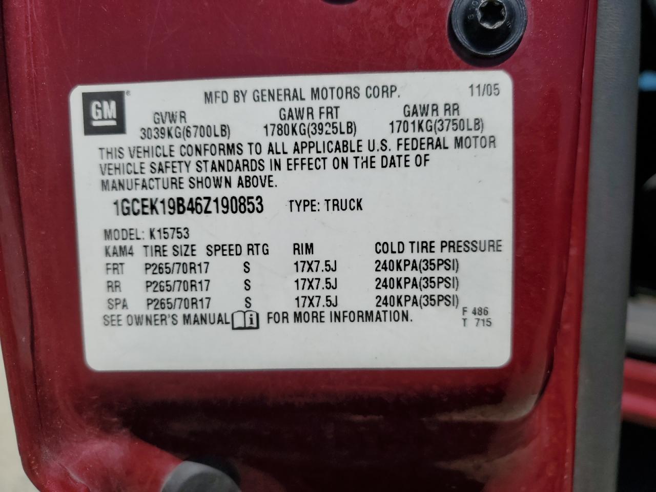 2006 Chevrolet Silverado K1500 VIN: 1GCEK19B46Z190853 Lot: 56325805