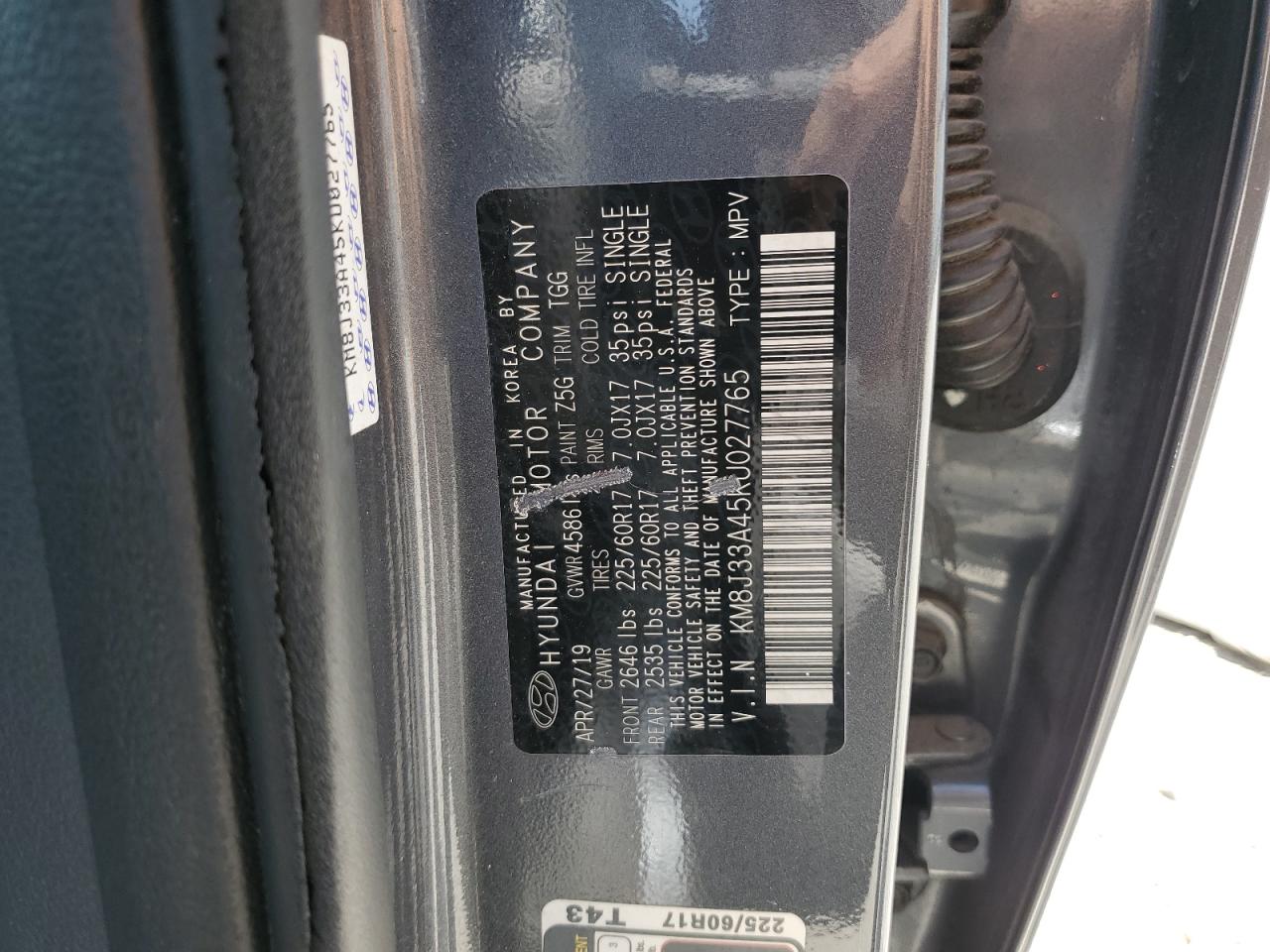2019 Hyundai Tucson Limited VIN: KM8J33A45KU027765 Lot: 56544425