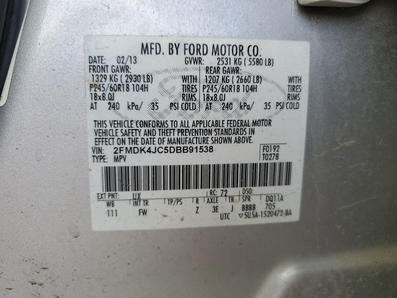 2013 Ford Edge Sel VIN: 2FMDK4JC5DBB91538 Lot: 57317465