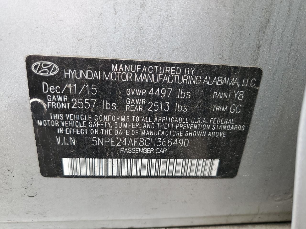 2016 Hyundai Sonata Se VIN: 5NPE24AF8GH366490 Lot: 56884475