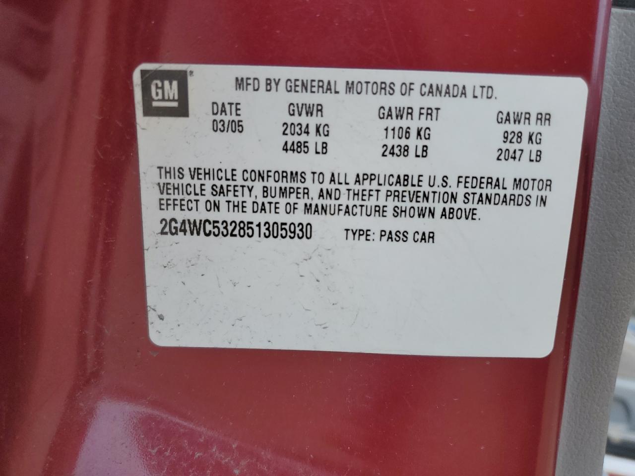 2005 Buick Lacrosse Cx VIN: 2G4WC532851305930 Lot: 56344585
