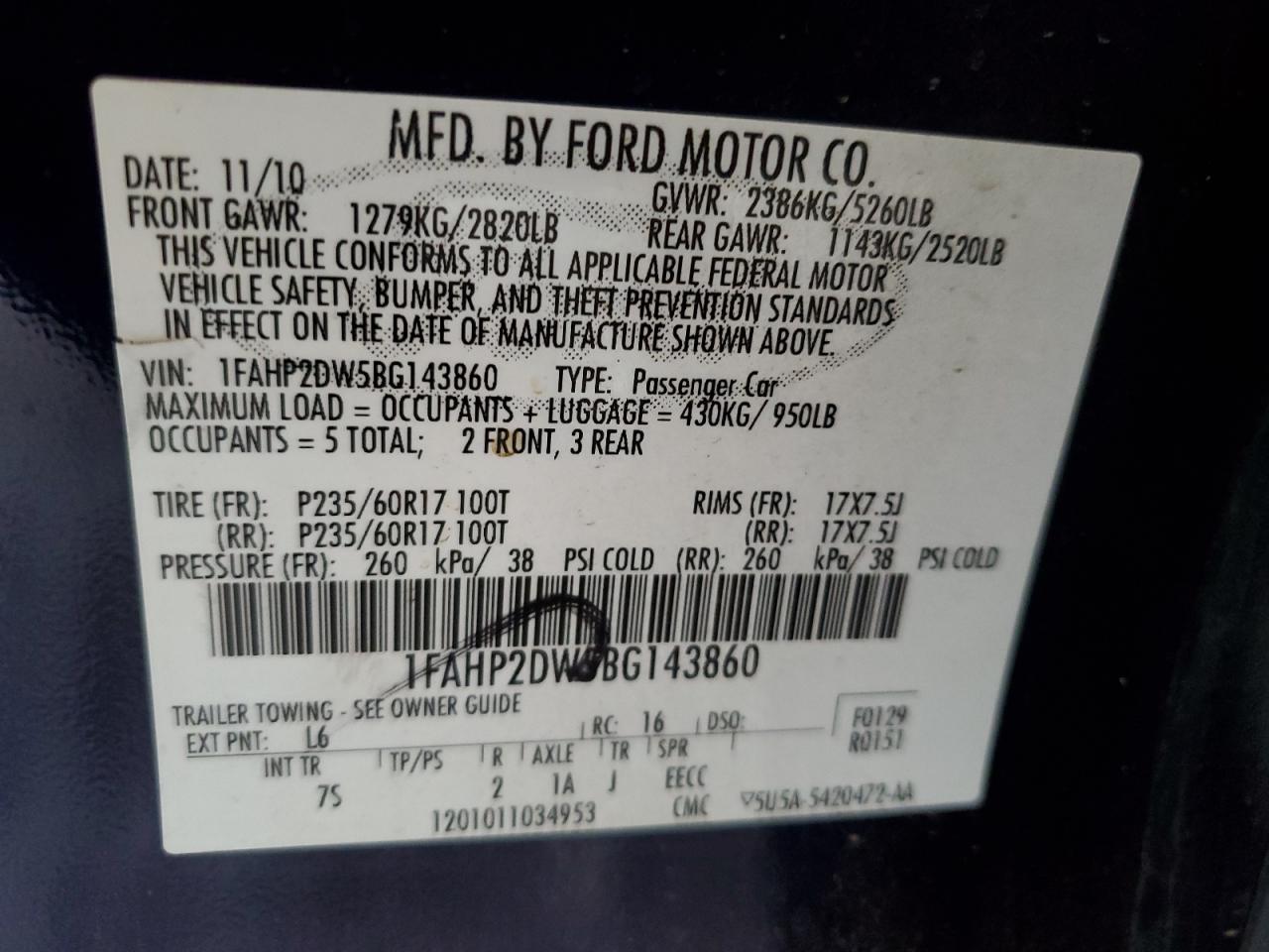 2011 Ford Taurus Se VIN: 1FAHP2DW5BG143860 Lot: 57287185
