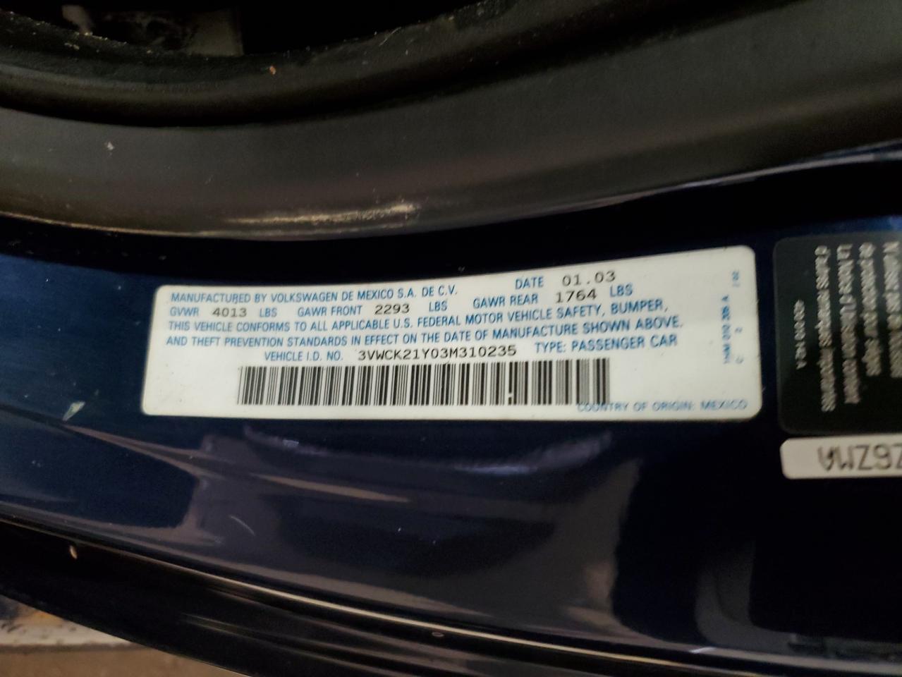 2003 Volkswagen New Beetle Gls VIN: 3VWCK21Y03M310235 Lot: 56853935