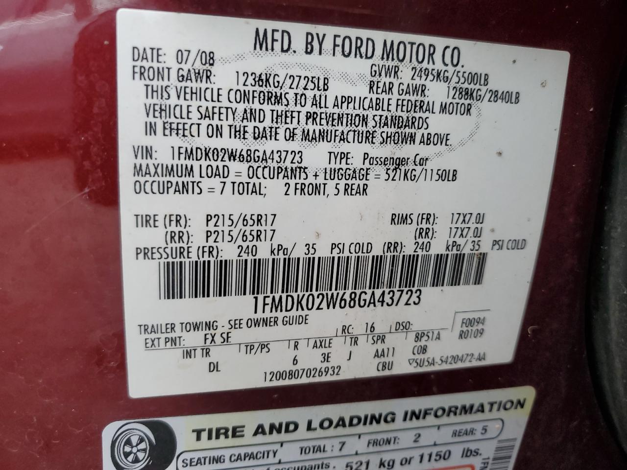 2008 Ford Taurus X Sel VIN: 1FMDK02W68GA43723 Lot: 56650305