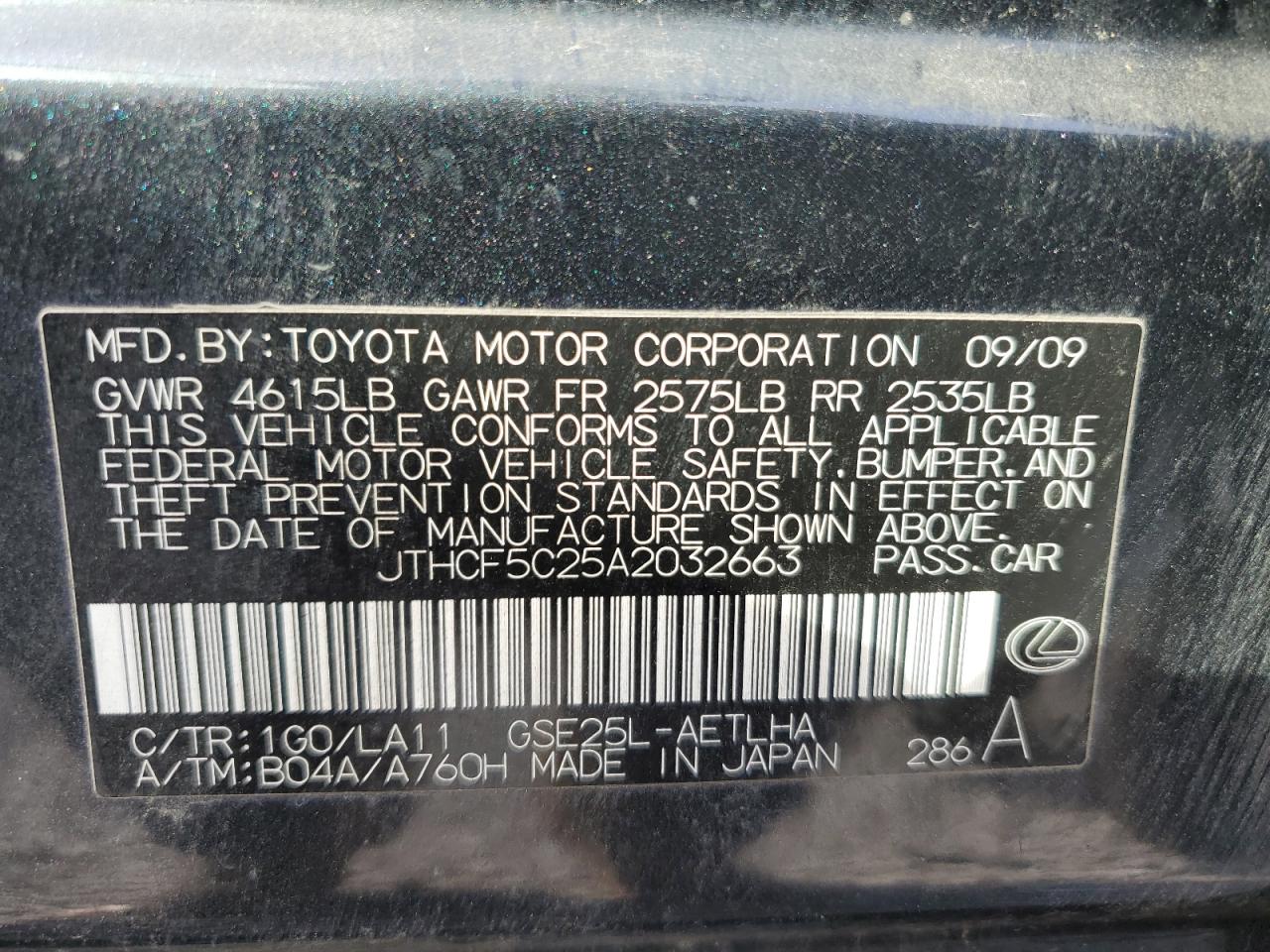 2010 Lexus Is 250 VIN: JTHCF5C25A2032663 Lot: 55316795