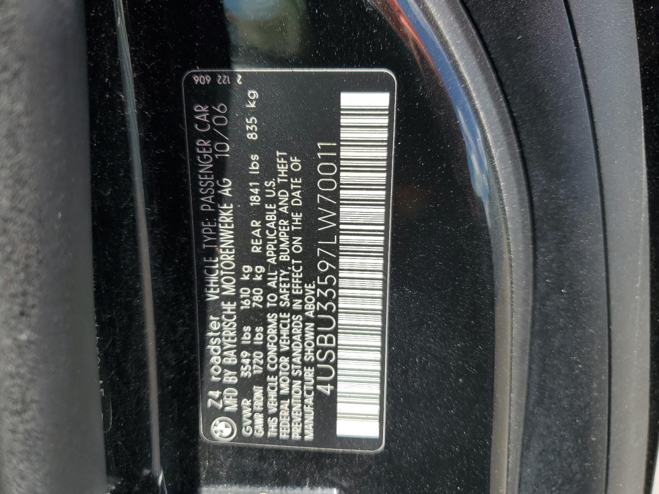 2007 BMW Z4 3.0 VIN: 4USBU33597LW70011 Lot: 57852995