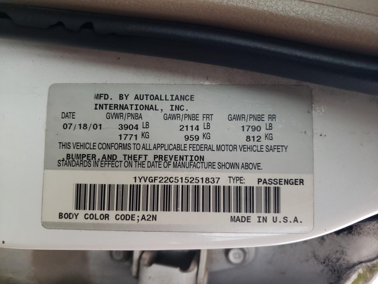 2001 Mazda 626 Es VIN: 1YVGF22C515251837 Lot: 56854605