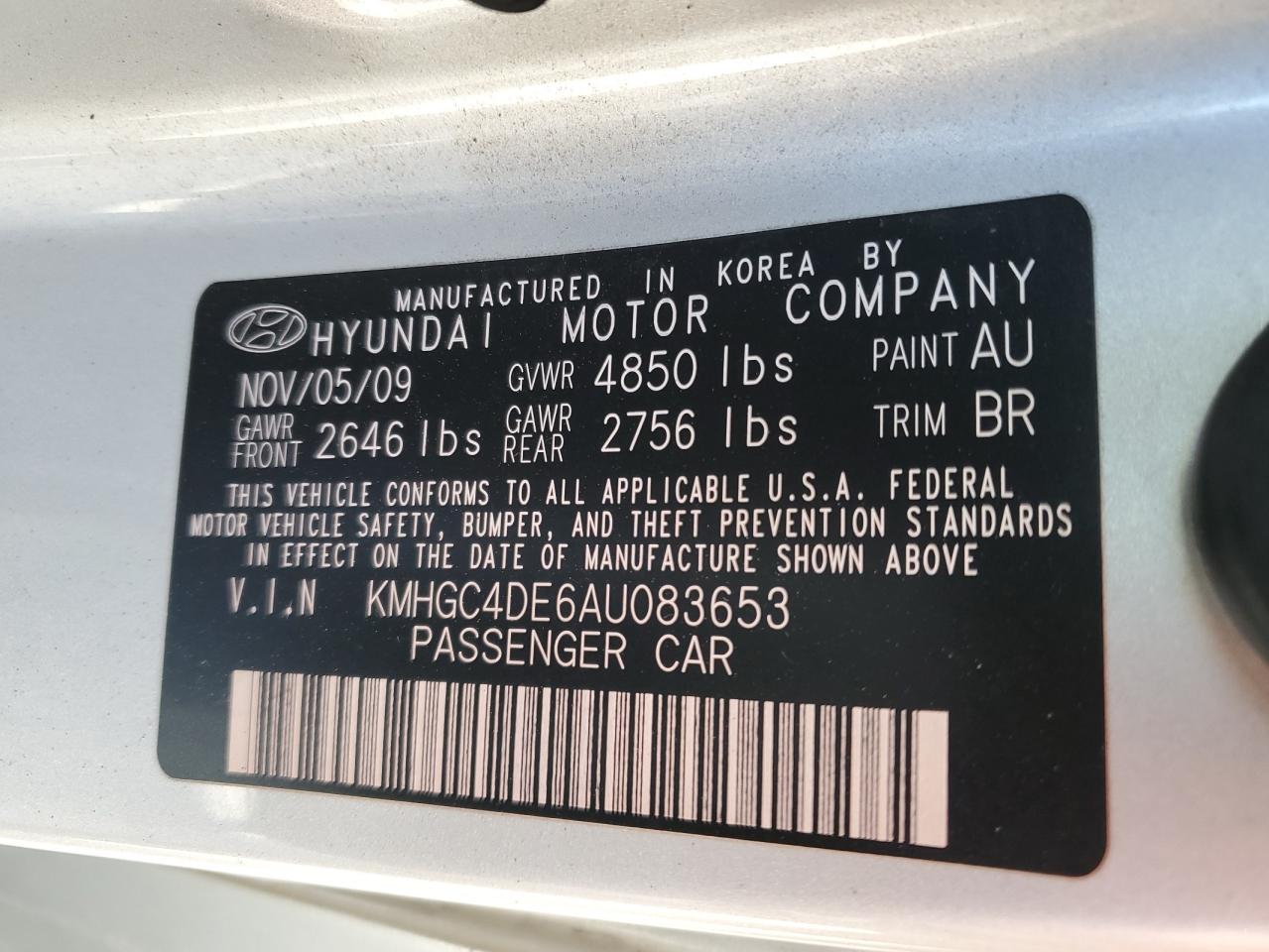 2010 Hyundai Genesis 3.8L VIN: KMHGC4DE6AU083653 Lot: 57165075