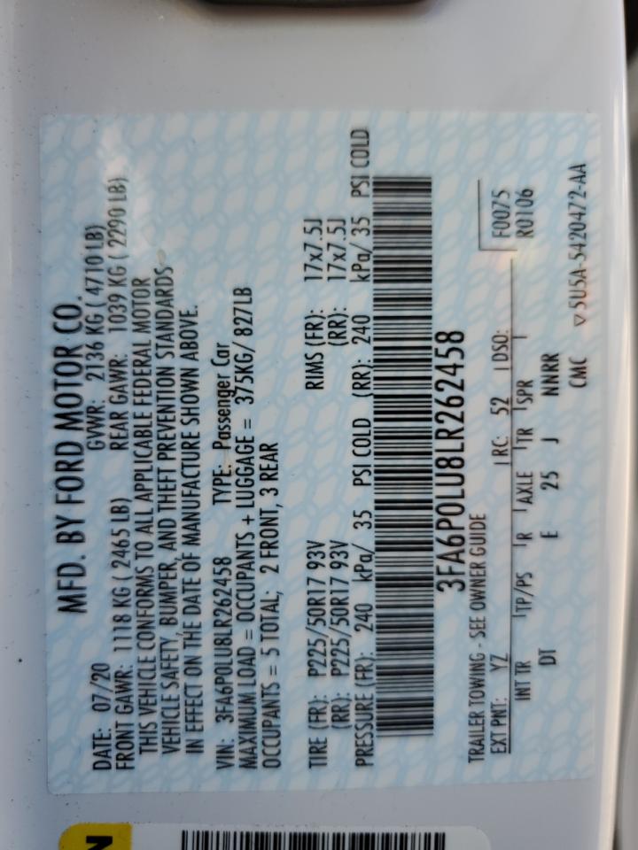 2020 Ford Fusion Se VIN: 3FA6P0LU8LR262458 Lot: 54022795