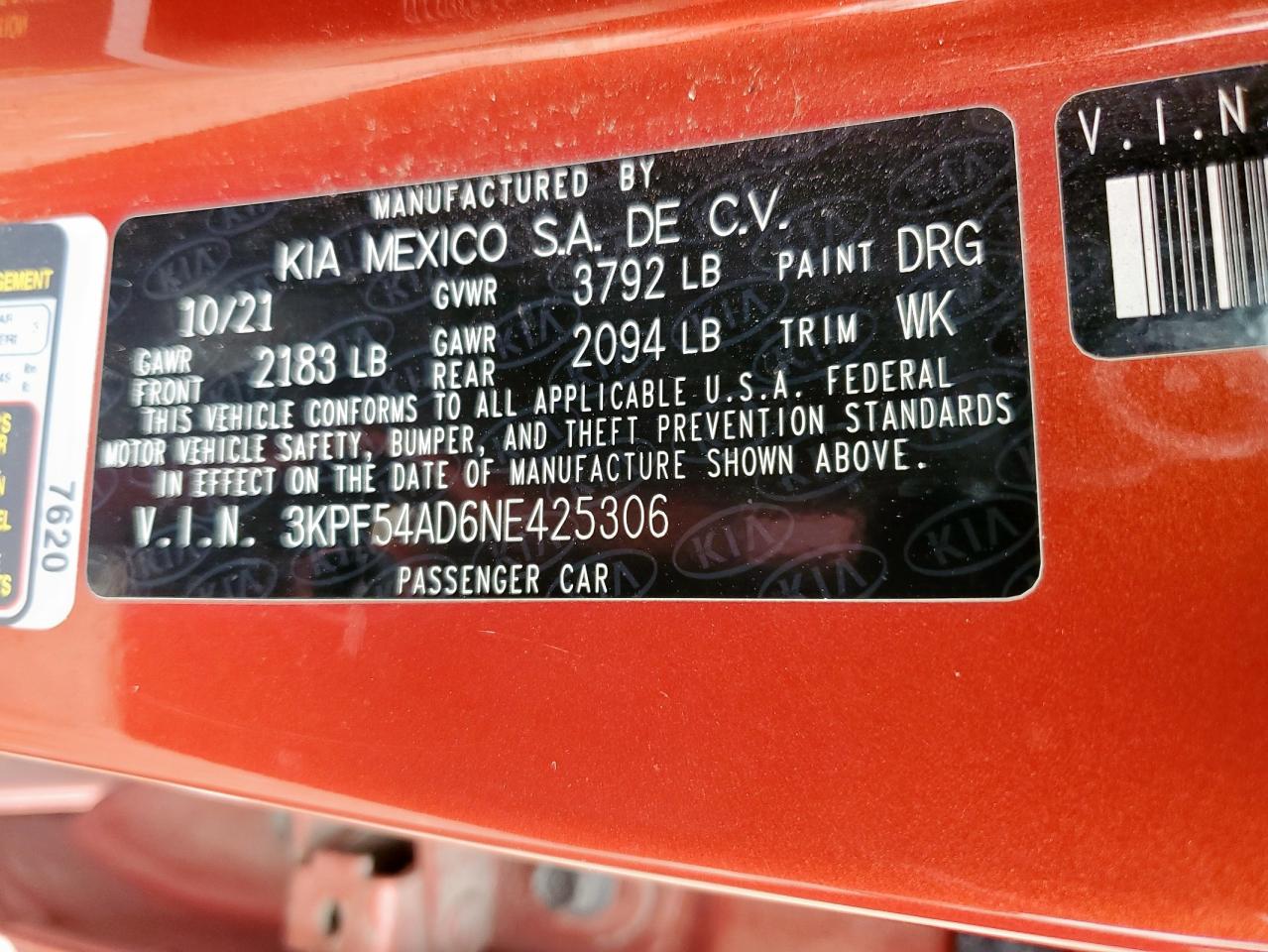 2022 Kia Forte Gt Line VIN: 3KPF54AD6NE425306 Lot: 58812055