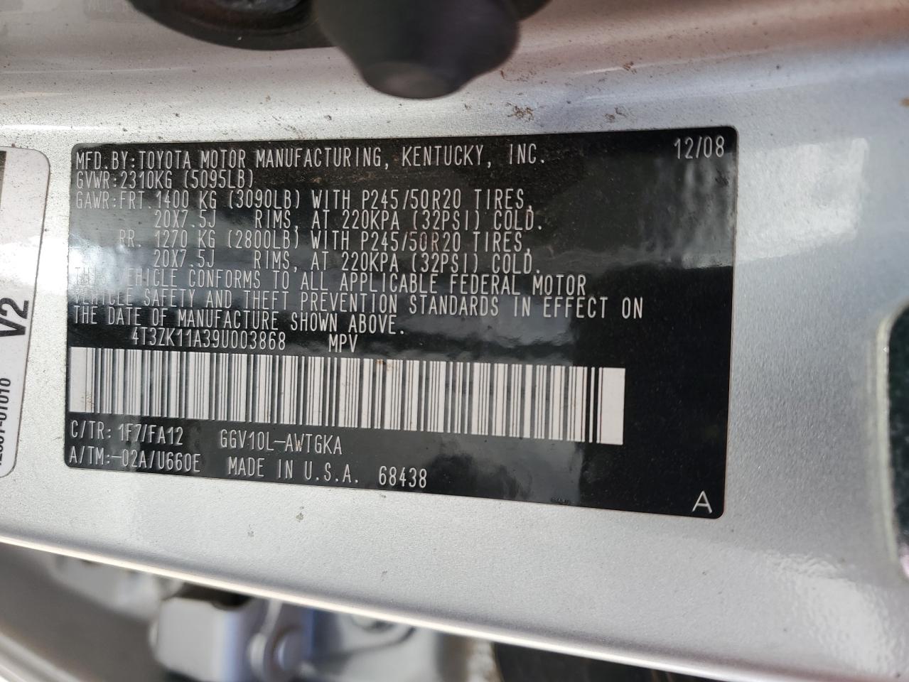 2009 Toyota Venza VIN: 4T3ZK11A39U003868 Lot: 57496535