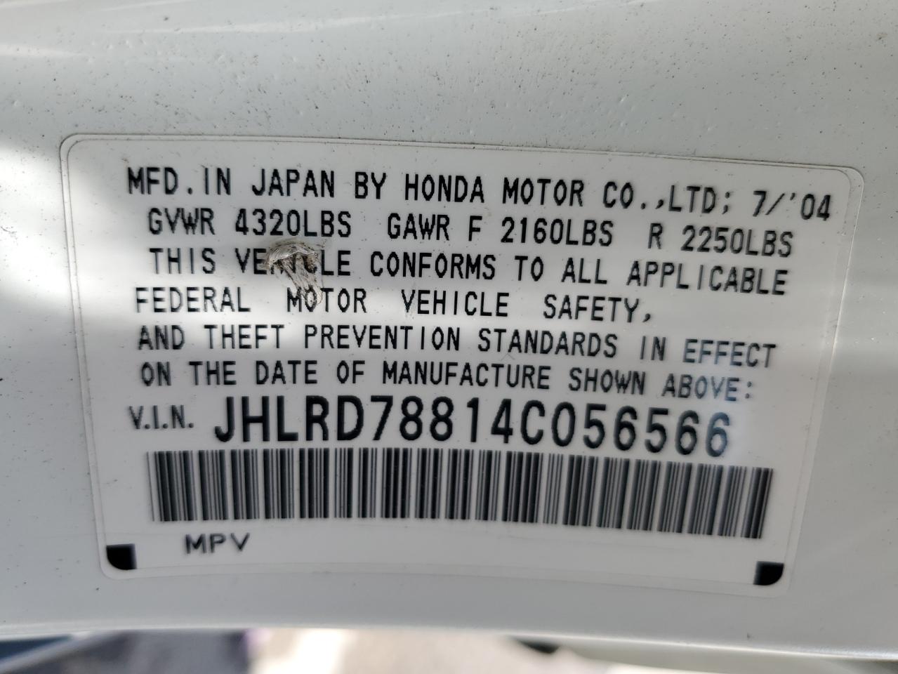 2004 Honda Cr-V Ex VIN: JHLRD78814C056566 Lot: 56744035
