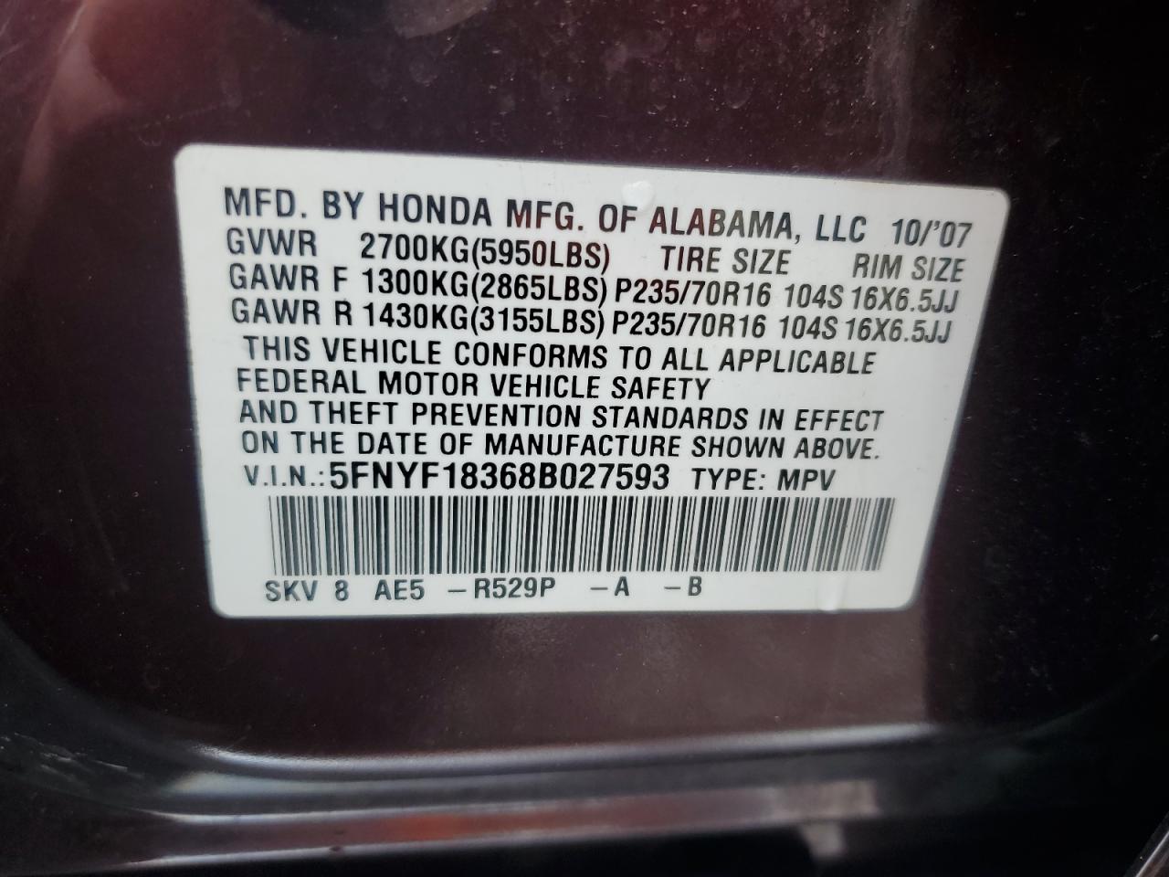 2008 Honda Pilot Se VIN: 5FNYF18368B027593 Lot: 57049115