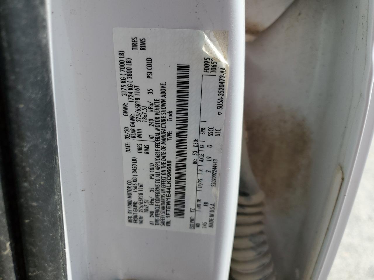 2020 Ford F150 Supercrew VIN: 1FTEW1E44LKD96688 Lot: 57227835