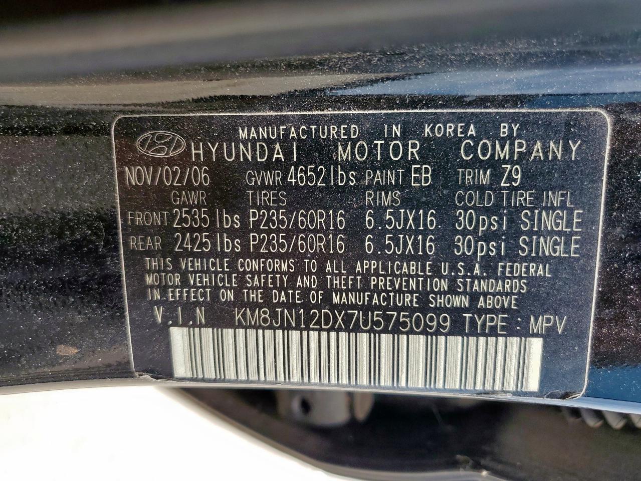 2007 Hyundai Tucson Se VIN: KM8JN12DX7U575099 Lot: 58619445