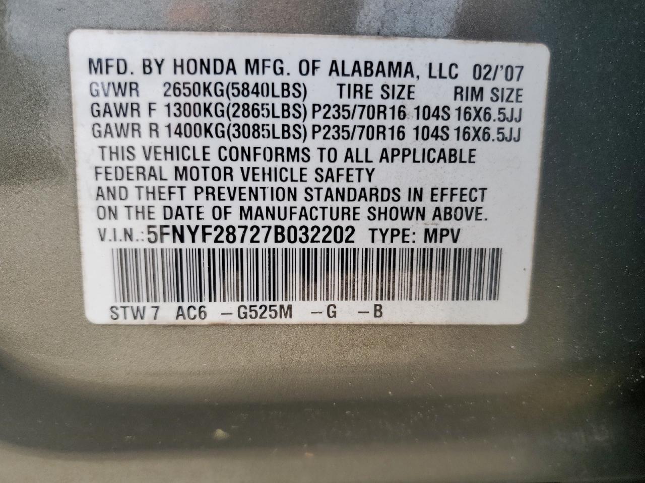 2007 Honda Pilot Exl VIN: 5FNYF28727B032202 Lot: 56766735