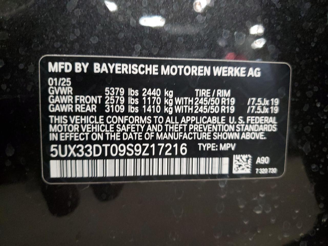 2025 BMW X4 xDrive30I VIN: 5UX33DT09S9Z17216 Lot: 55650105