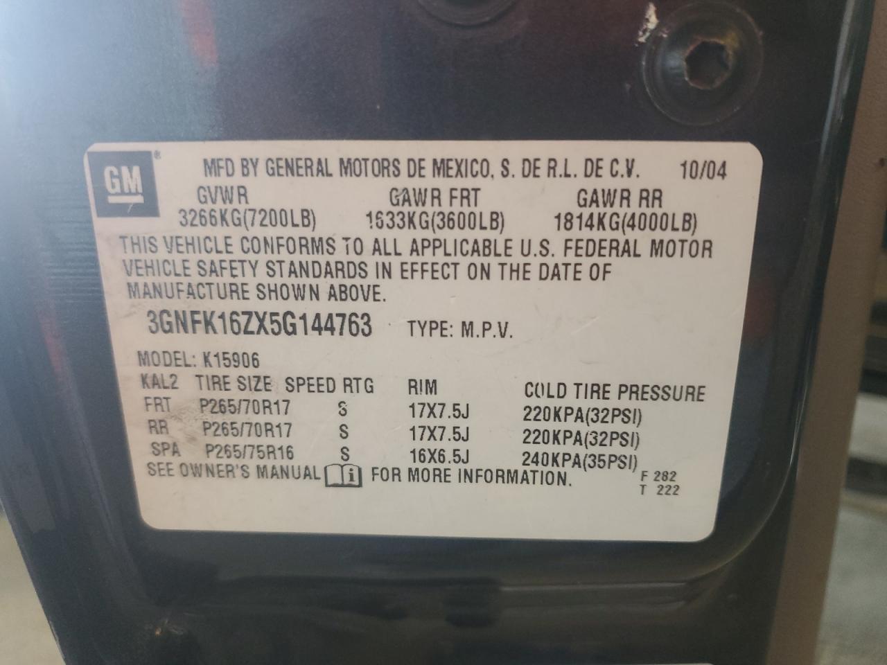 2005 Chevrolet Suburban K1500 VIN: 3GNFK16ZX5G144763 Lot: 57498535