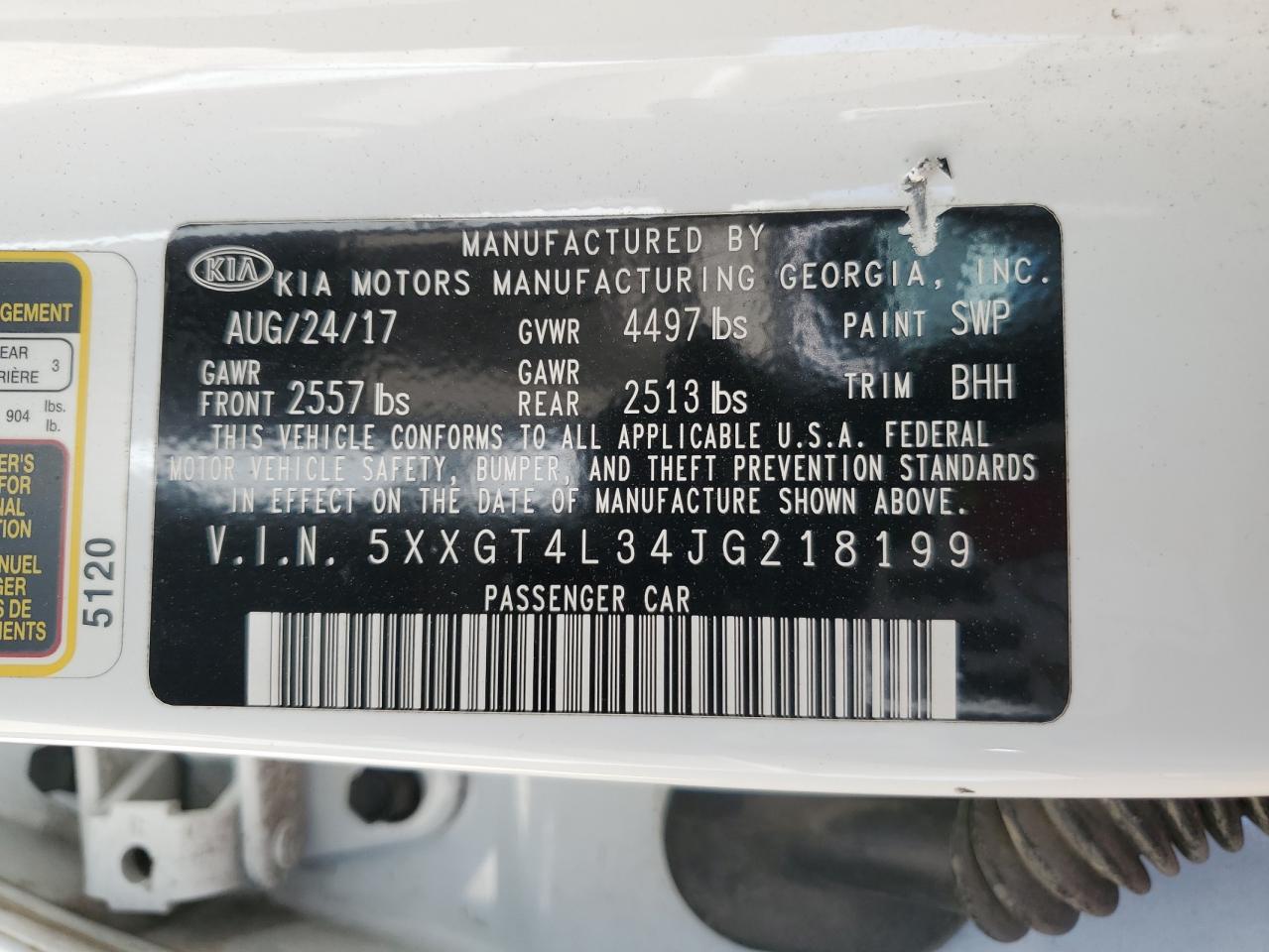 2018 Kia Optima Lx VIN: 5XXGT4L34JG218199 Lot: 55704985