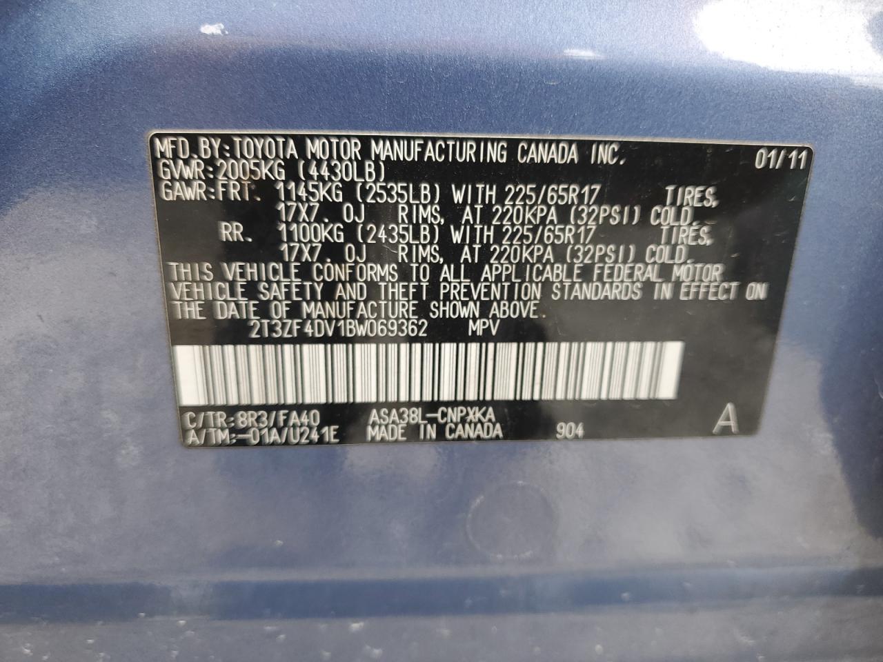 2011 Toyota Rav4 VIN: 2T3ZF4DV1BW069362 Lot: 55995465