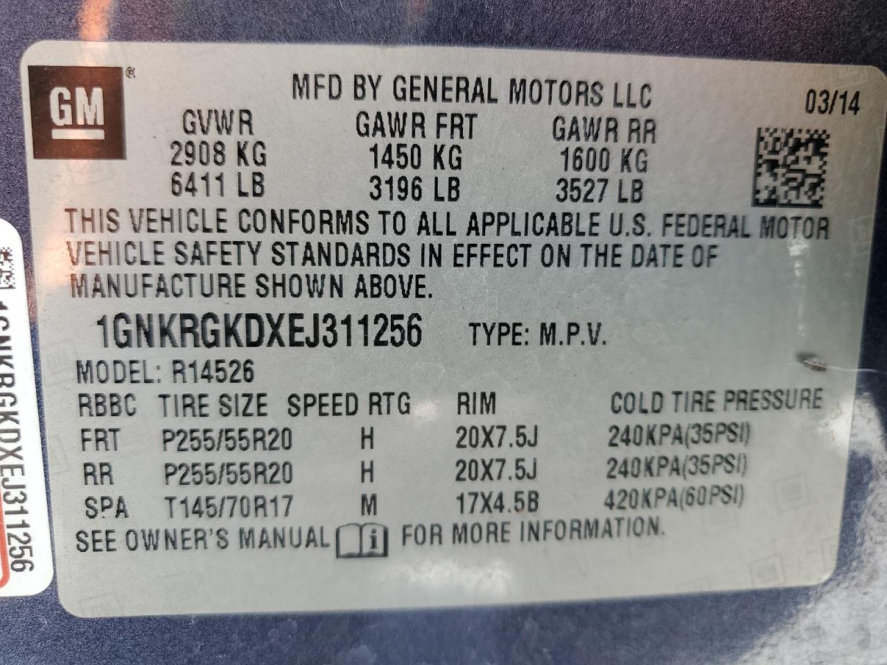 2014 Chevrolet Traverse Lt VIN: 1GNKRGKDXEJ311256 Lot: 57344195