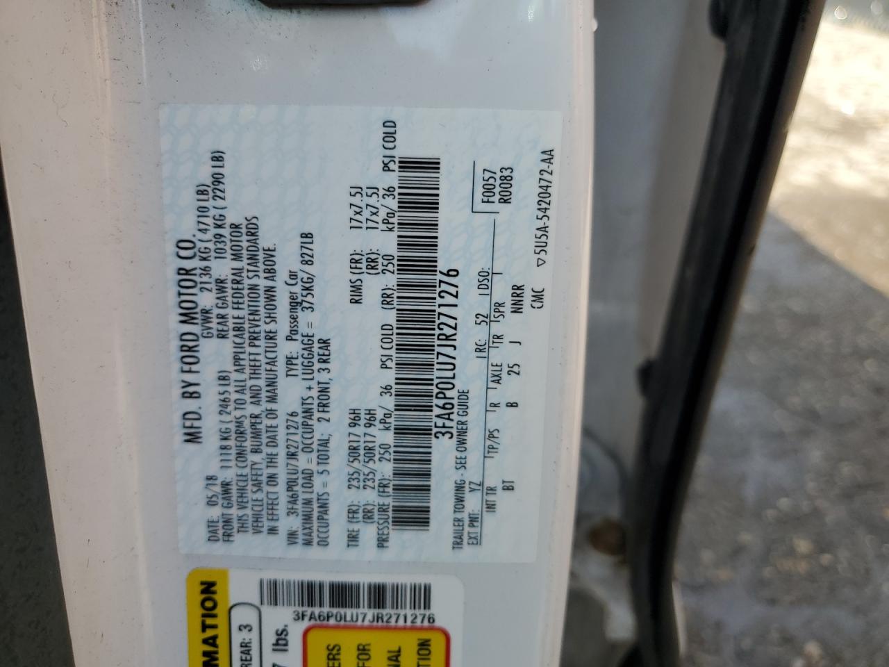 2018 Ford Fusion Se Hybrid VIN: 3FA6P0LU7JR271276 Lot: 54024475