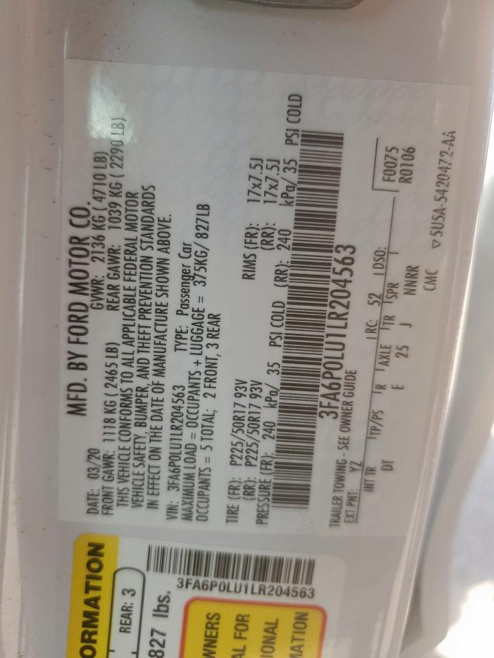 2020 Ford Fusion Se VIN: 3FA6P0LU1LR204563 Lot: 54042945