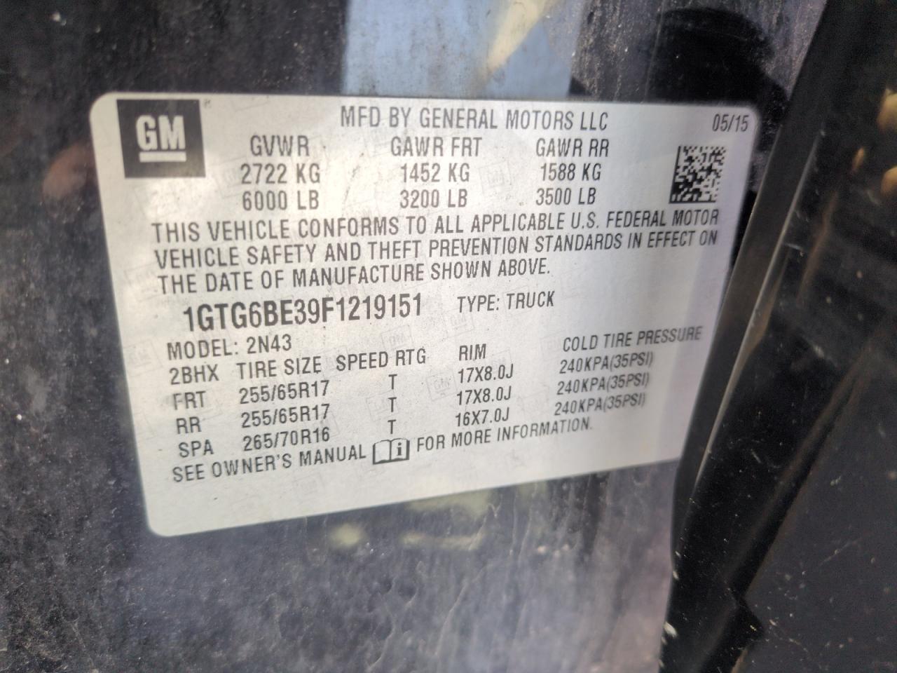 2015 GMC Canyon Sle VIN: 1GTG6BE39F1219151 Lot: 55949735