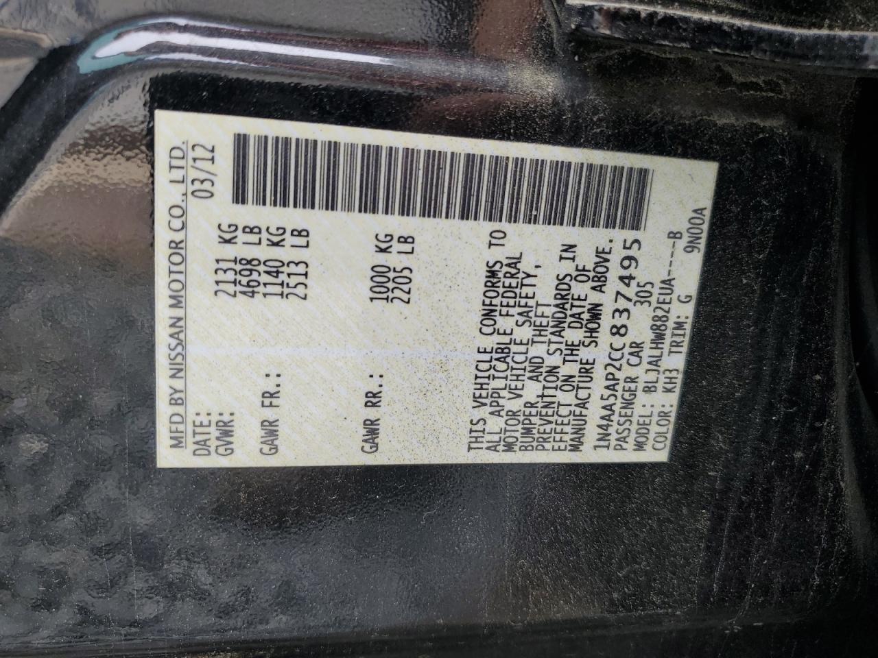 2012 Nissan Maxima S VIN: 1N4AA5AP2CC837495 Lot: 57700685