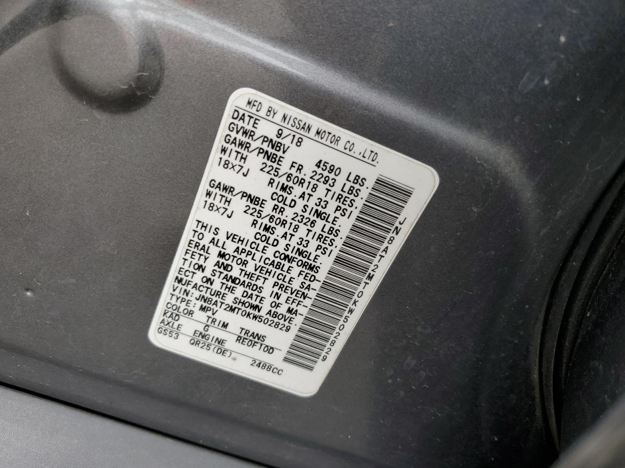 2019 Nissan Rogue S VIN: JN8AT2MT0KW502829 Lot: 57487825