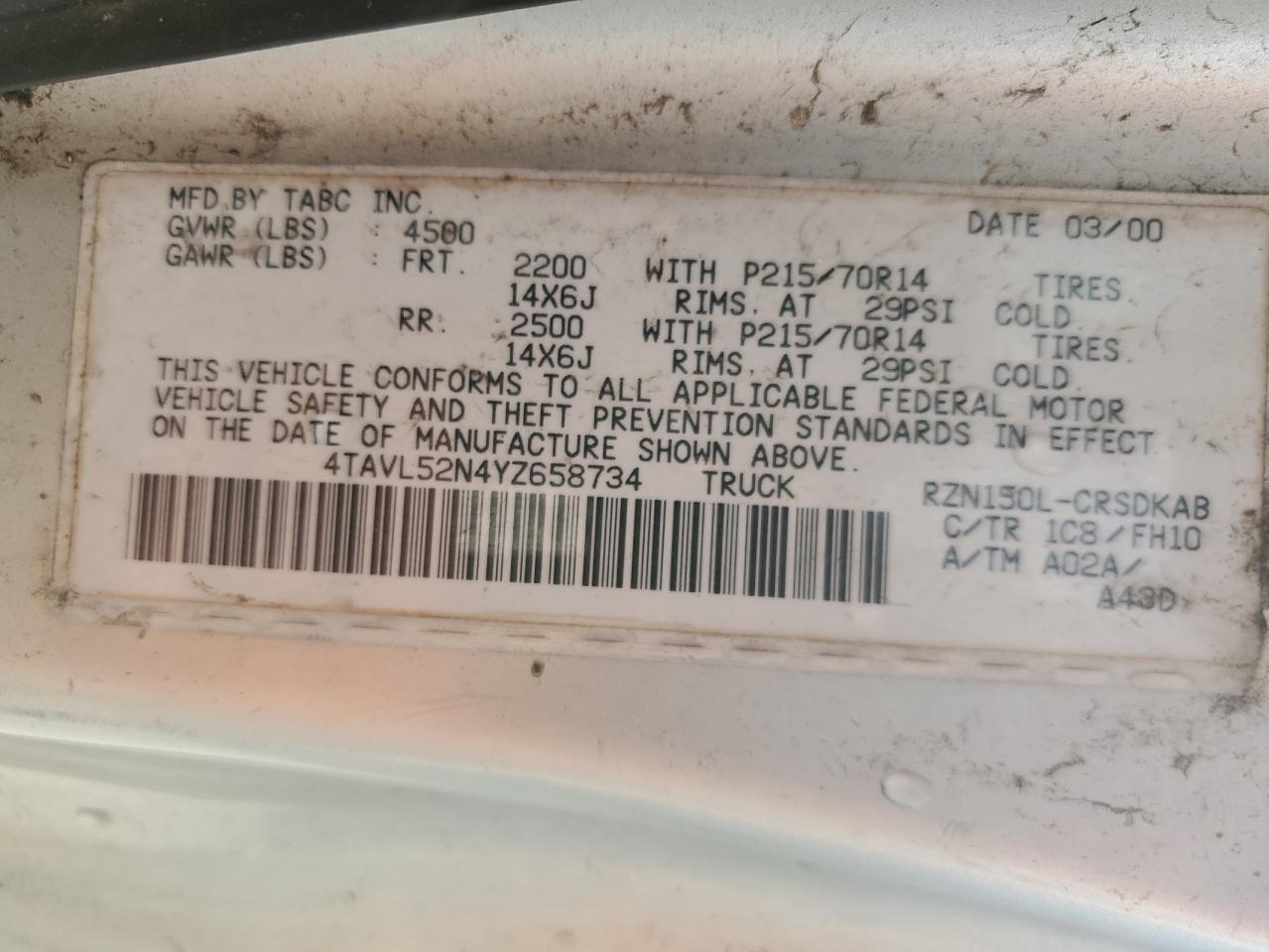 2000 Toyota Tacoma Xtracab VIN: 4TAVL52N4YZ658734 Lot: 58155865