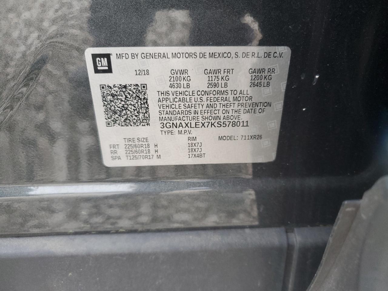 2019 Chevrolet Equinox Lt VIN: 3GNAXLEX7KS578011 Lot: 56847105