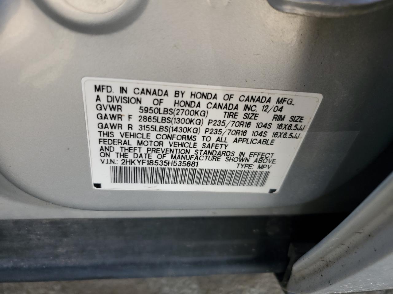 2005 Honda Pilot Exl VIN: 2HKYF18535H535681 Lot: 56692385