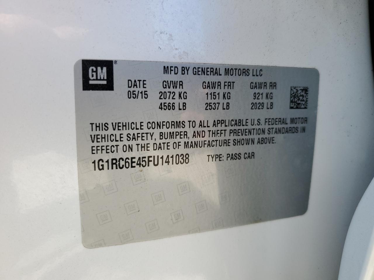 2015 Chevrolet Volt VIN: 1G1RC6E45FU141038 Lot: 57280395