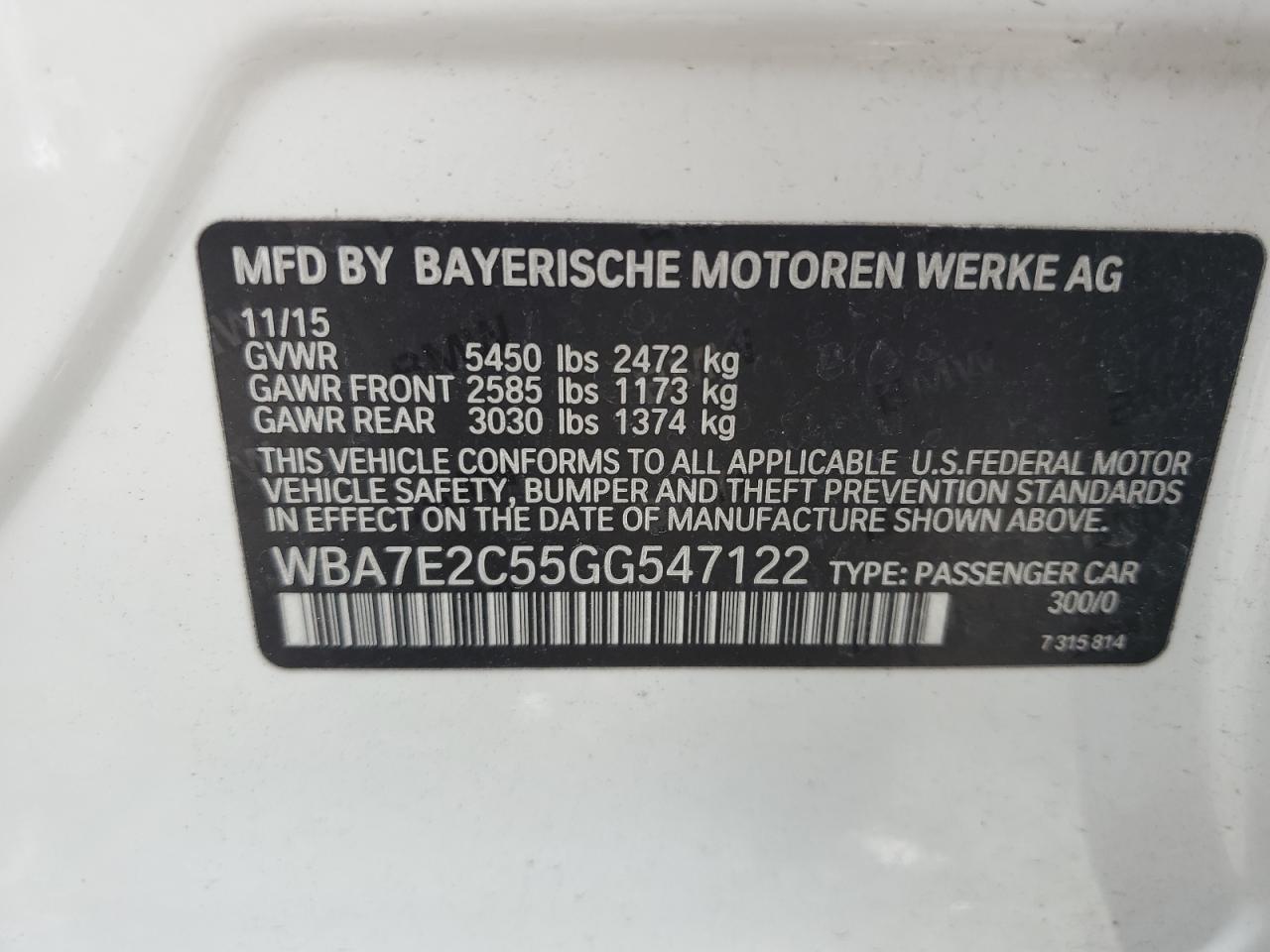 2016 BMW 740 I VIN: WBA7E2C55GG547122 Lot: 56365035