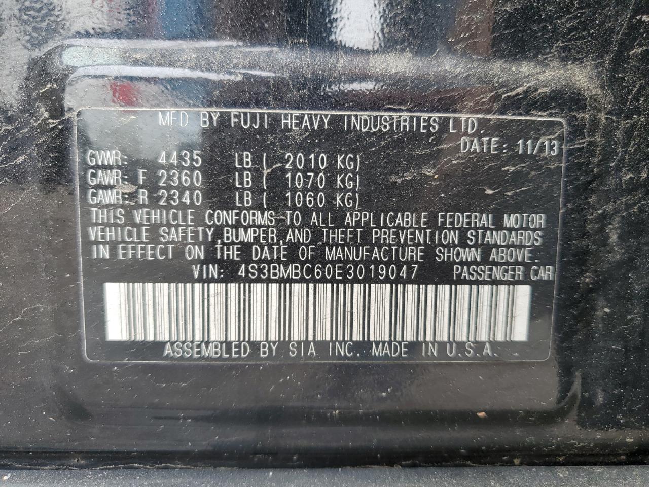 2014 Subaru Legacy 2.5I Premium VIN: 4S3BMBC60E3019047 Lot: 55914265