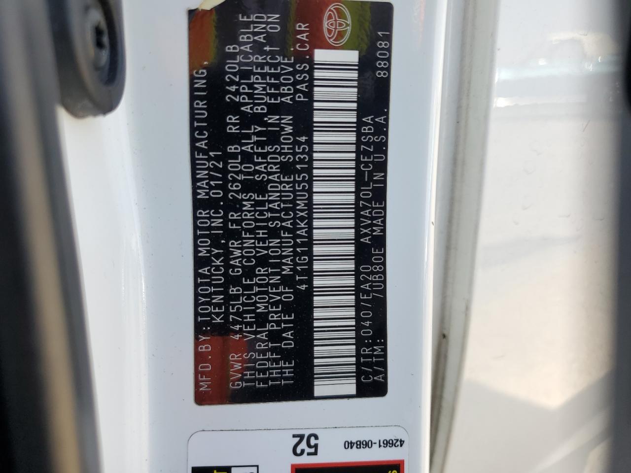 2021 Toyota Camry Se VIN: 4T1G11AKXMU551354 Lot: 57340855