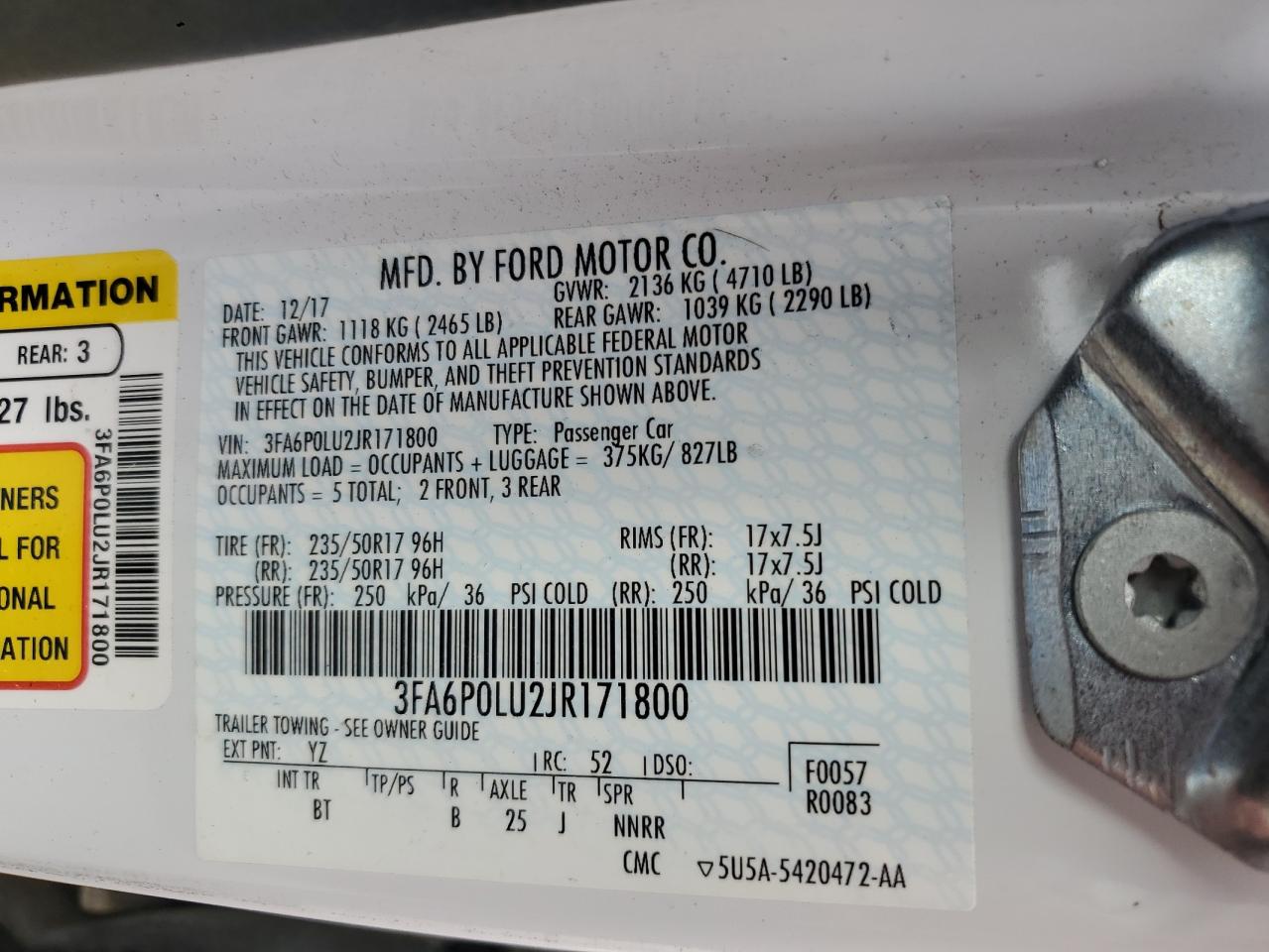 2018 Ford Fusion Se Hybrid VIN: 3FA6P0LU2JR171800 Lot: 54028885