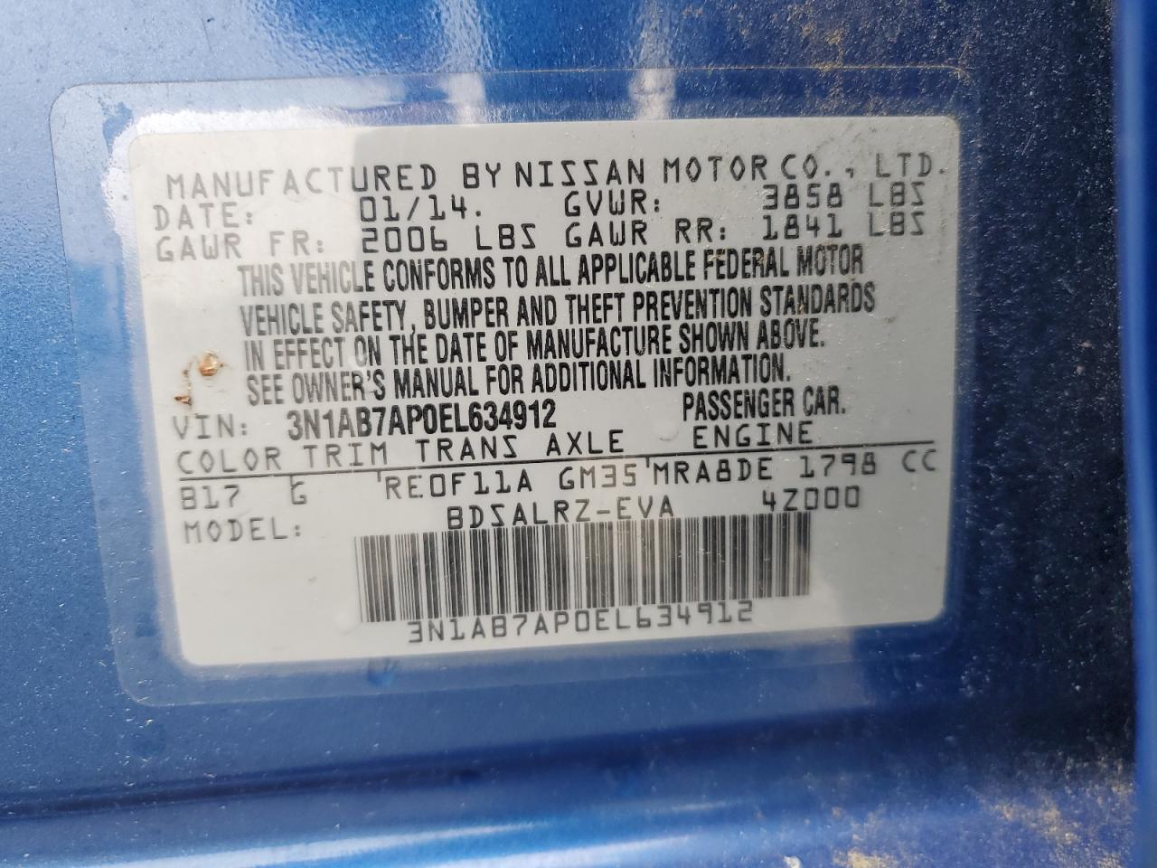 2014 Nissan Sentra S VIN: 3N1AB7AP0EL634912 Lot: 56524085