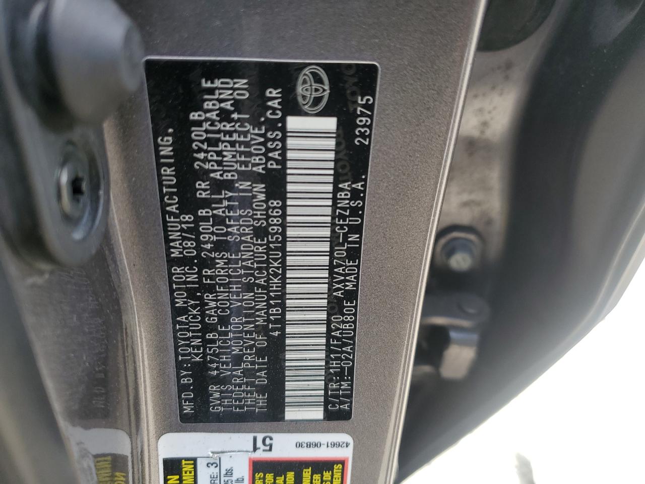 2019 Toyota Camry L VIN: 4T1B11HK2KU159868 Lot: 55486655