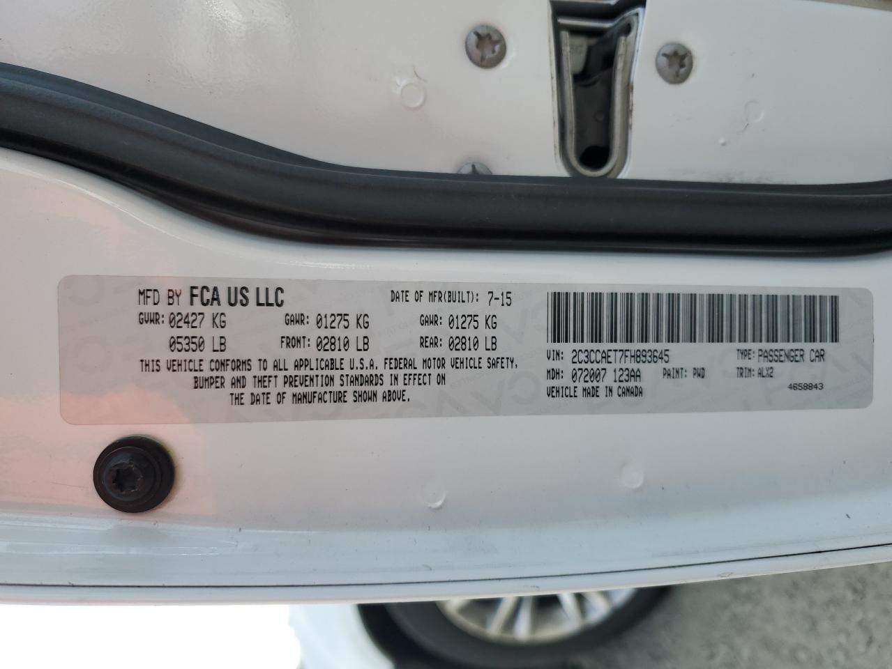 2015 Chrysler 300C VIN: 2C3CCAET7FH893645 Lot: 60566515