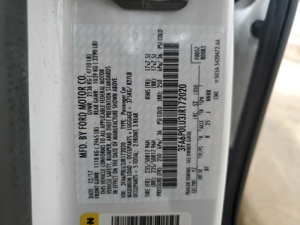 2018 Ford Fusion Se Hybrid VIN: 3FA6P0LU3JR172020 Lot: 55386045