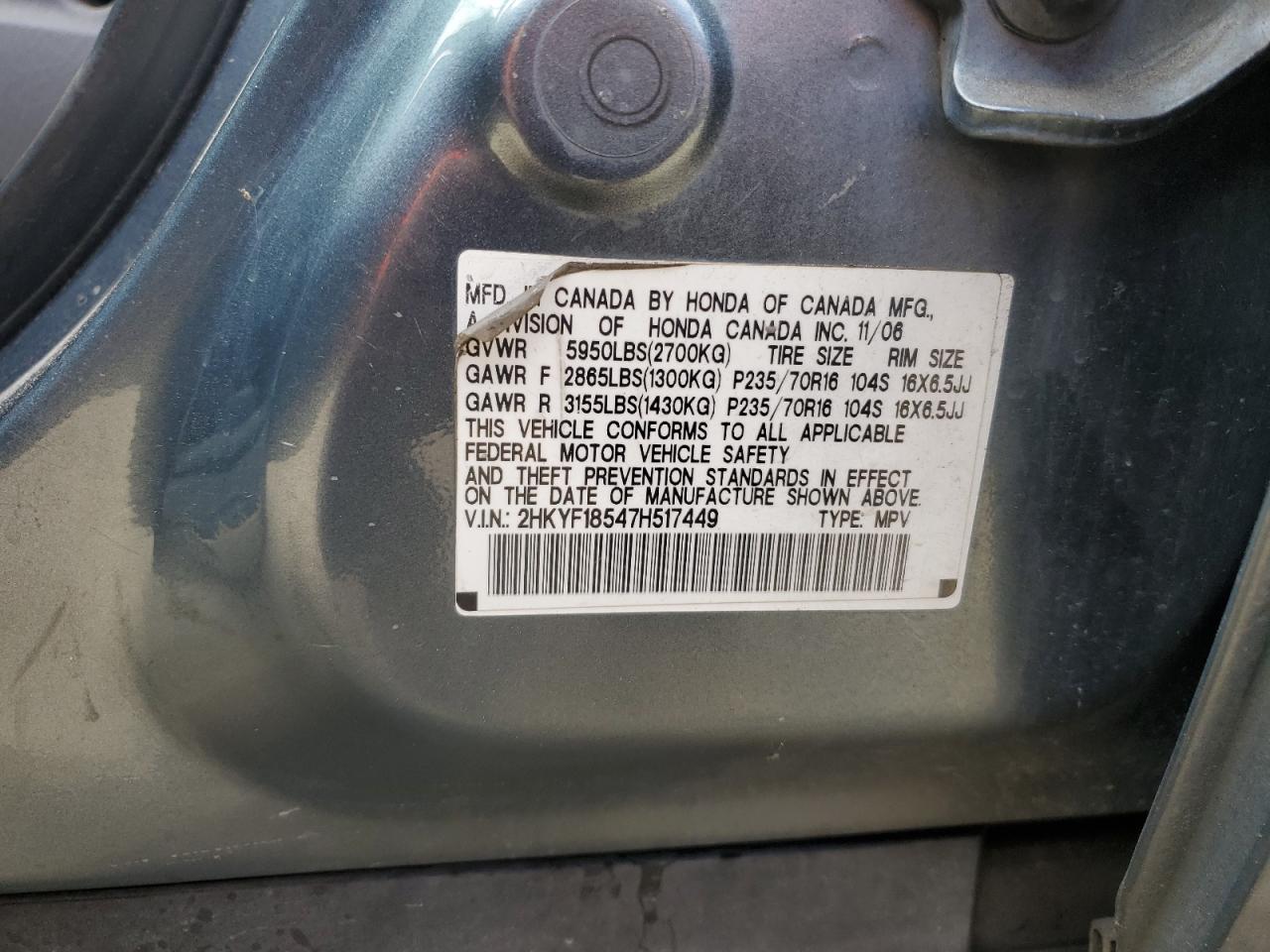 2007 Honda Pilot Exl VIN: 2HKYF18547H517449 Lot: 57093925