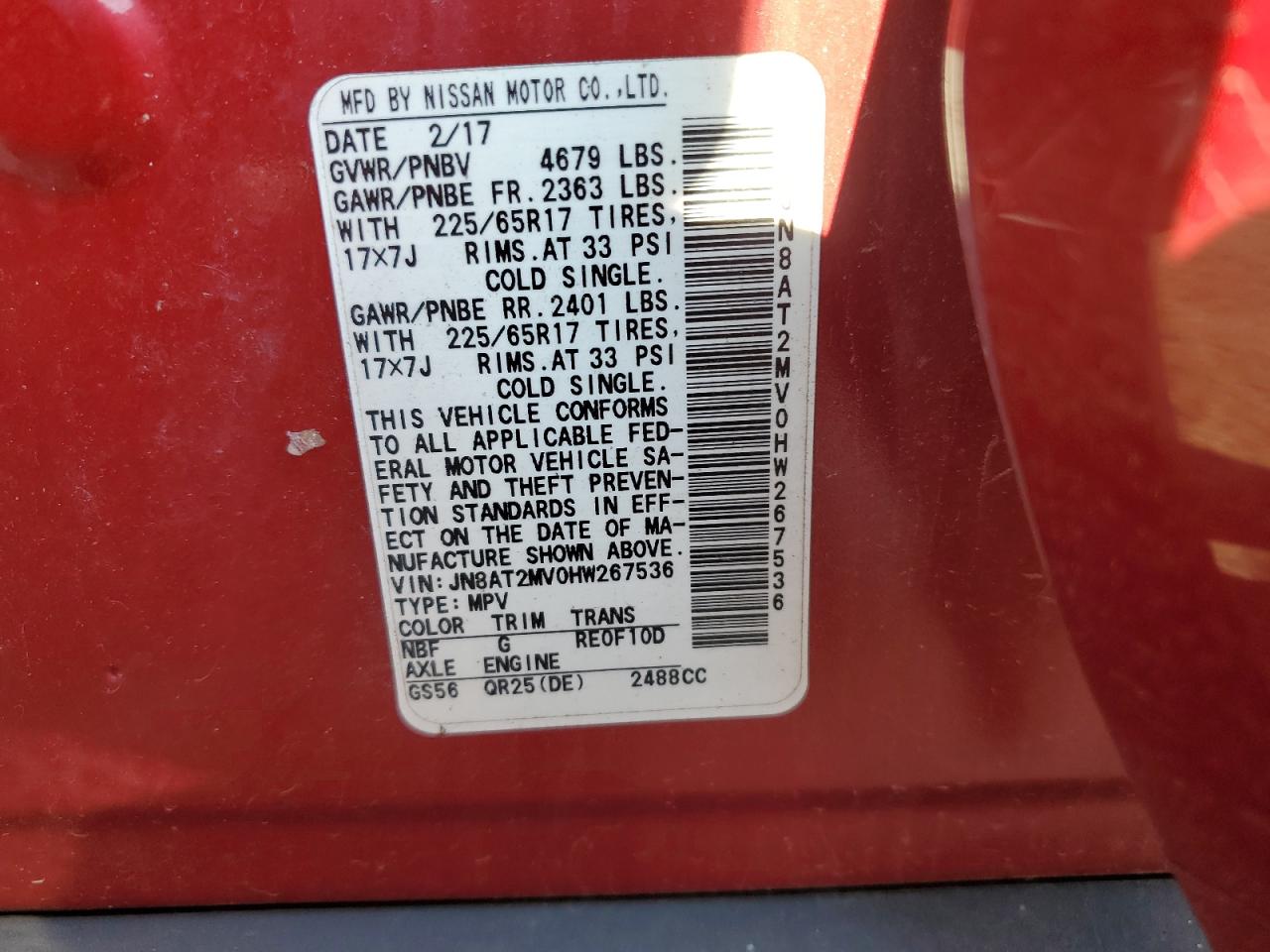 2017 Nissan Rogue S VIN: JN8AT2MV0HW267536 Lot: 56947225