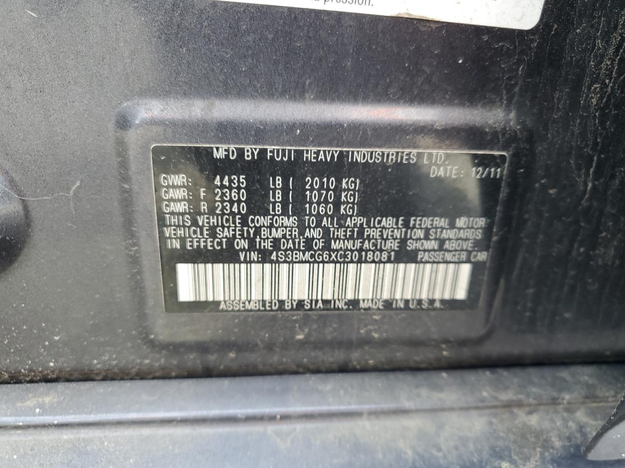 2012 Subaru Legacy 2.5I Premium VIN: 4S3BMCG6XC3018081 Lot: 55472825