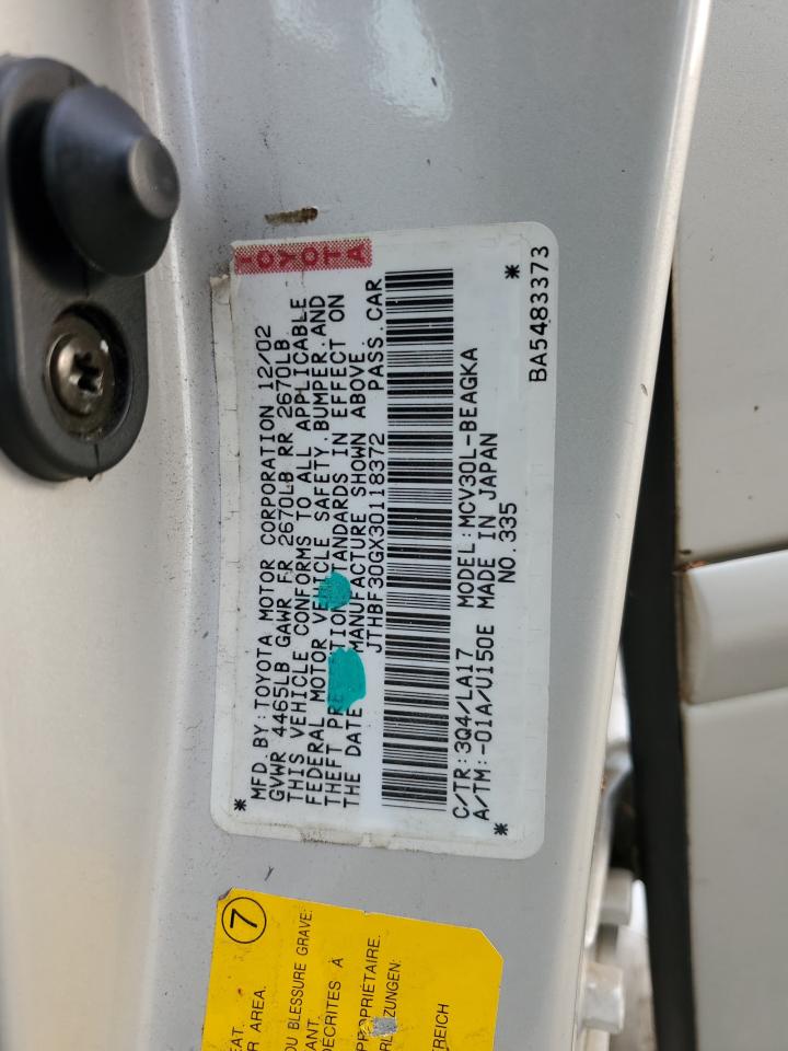 2003 Lexus Es 300 VIN: JTHBF30GX30118372 Lot: 57020475