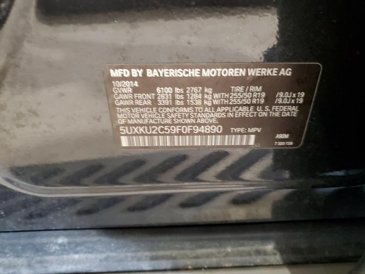 2015 BMW X6 xDrive35I VIN: 5UXKU2C59F0F94890 Lot: 55460735