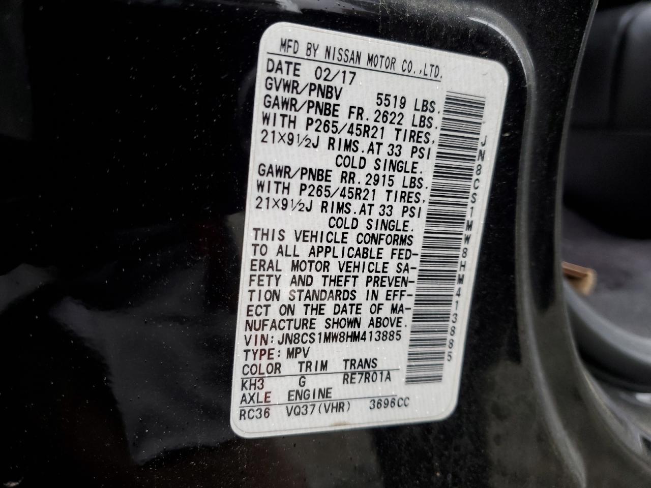 2017 Infiniti Qx70 VIN: JN8CS1MW8HM413885 Lot: 54278995