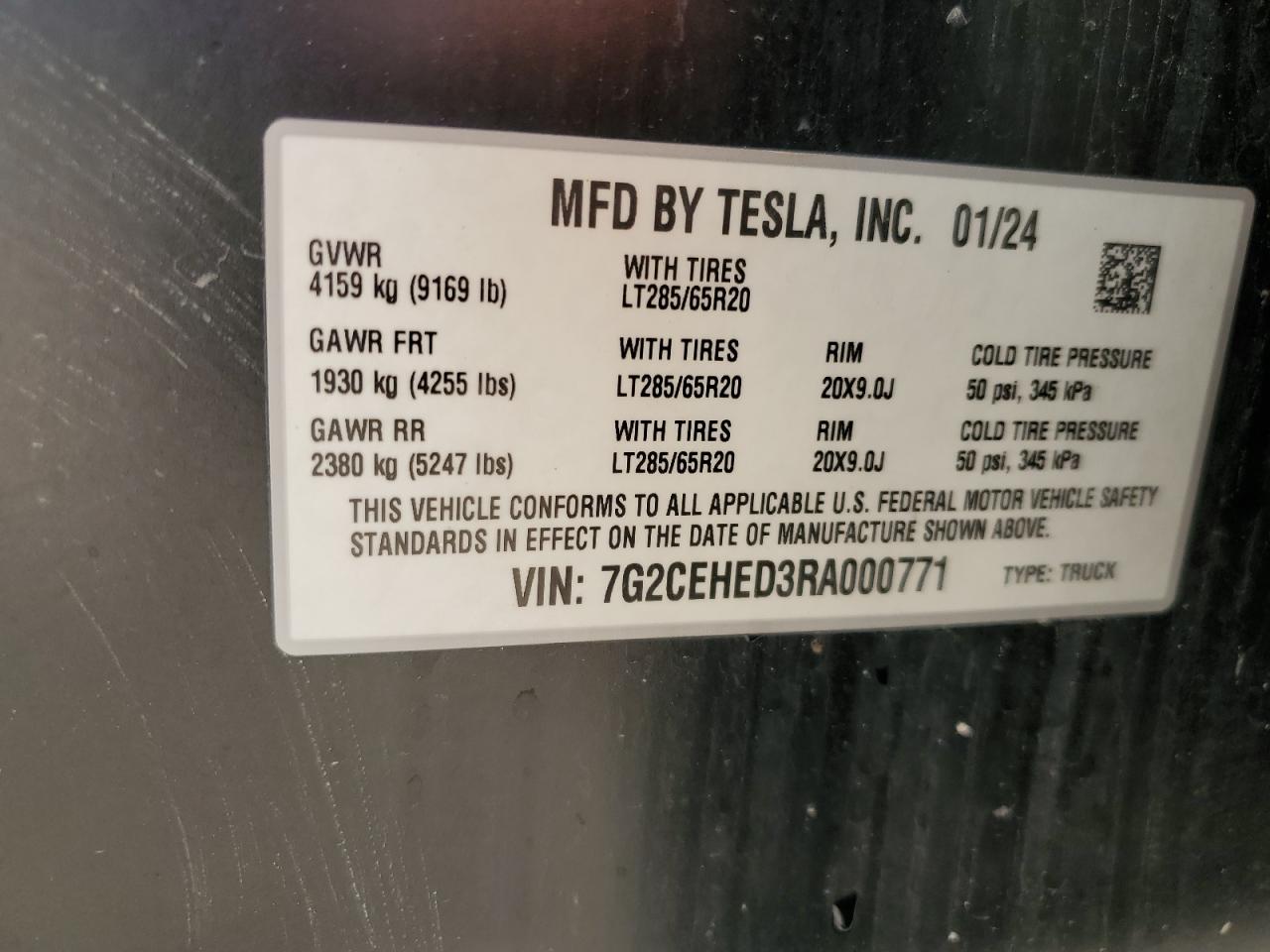 2024 Tesla Cybertruck VIN: 7G2CEHED3RA000771 Lot: 54770895